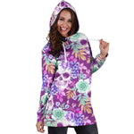 Neon Skull Floral Pattern Print Hoodie Dress GearFrost