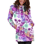 Neon Skull Floral Pattern Print Hoodie Dress GearFrost