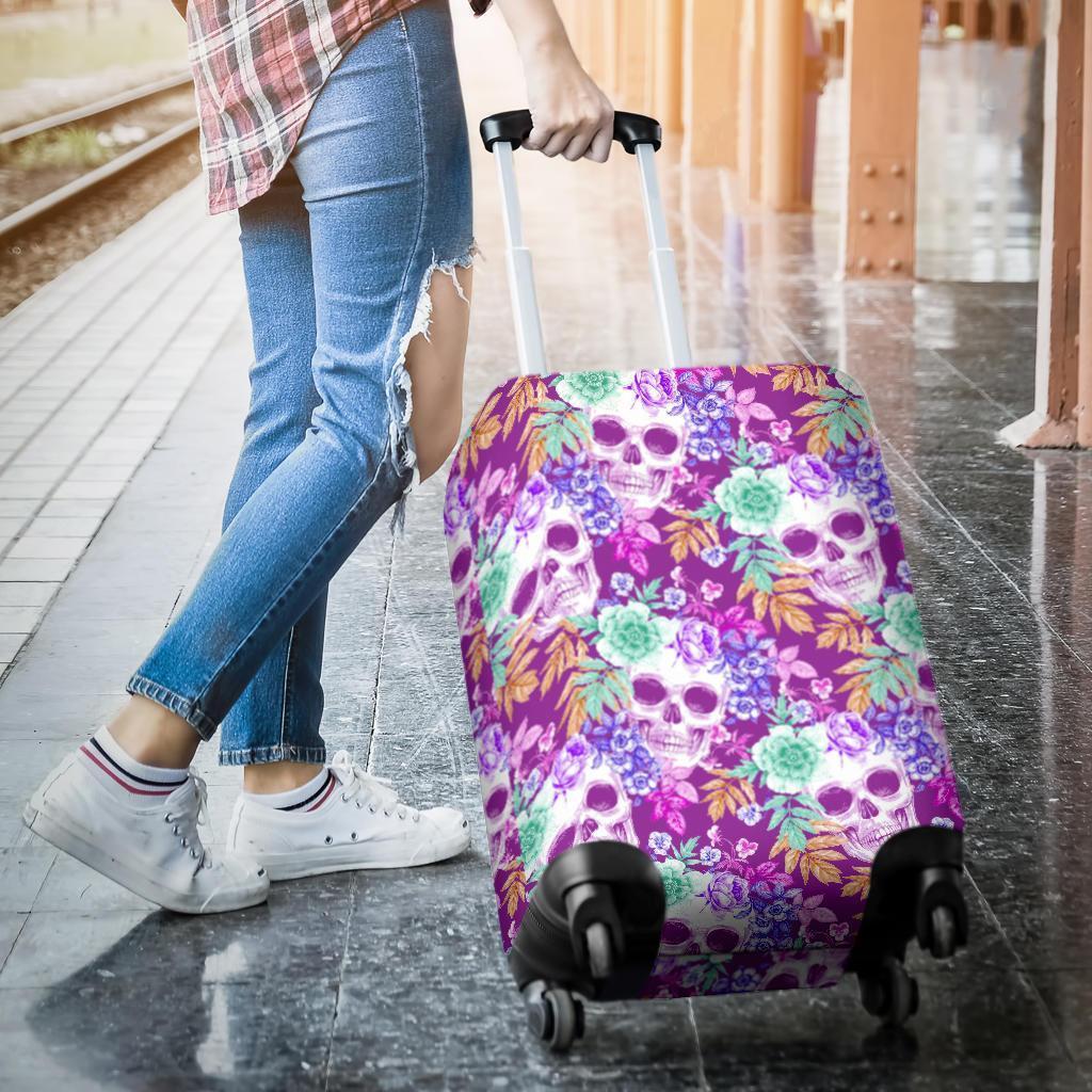 Neon Skull Floral Pattern Print Luggage Cover GearFrost