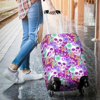 Neon Skull Floral Pattern Print Luggage Cover GearFrost