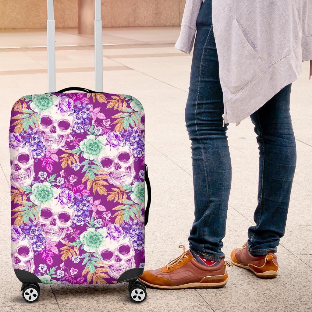 Neon Skull Floral Pattern Print Luggage Cover GearFrost