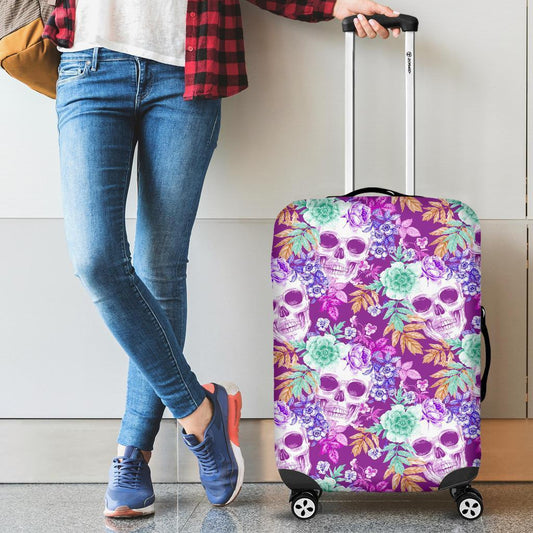 Neon Skull Floral Pattern Print Luggage Cover GearFrost