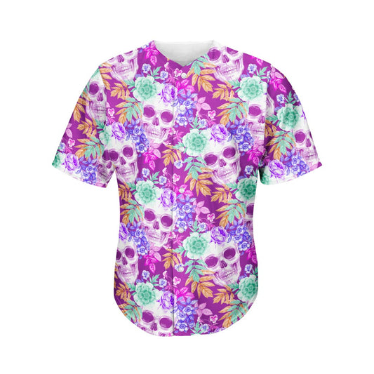 Neon Skull Floral Pattern Print Men's Baseball Jersey
