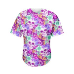 Neon Skull Floral Pattern Print Men's Baseball Jersey