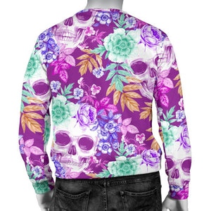 Neon Skull Floral Pattern Print Men's Crewneck Sweatshirt GearFrost