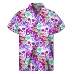 Neon Skull Floral Pattern Print Men's Short Sleeve Shirt