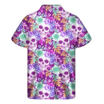 Neon Skull Floral Pattern Print Men's Short Sleeve Shirt