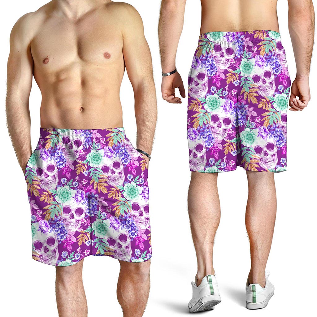Neon Skull Floral Pattern Print Men's Shorts
