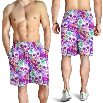 Neon Skull Floral Pattern Print Men's Shorts
