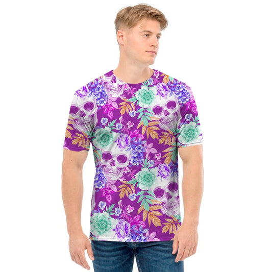 Neon Skull Floral Pattern Print Men's T-Shirt