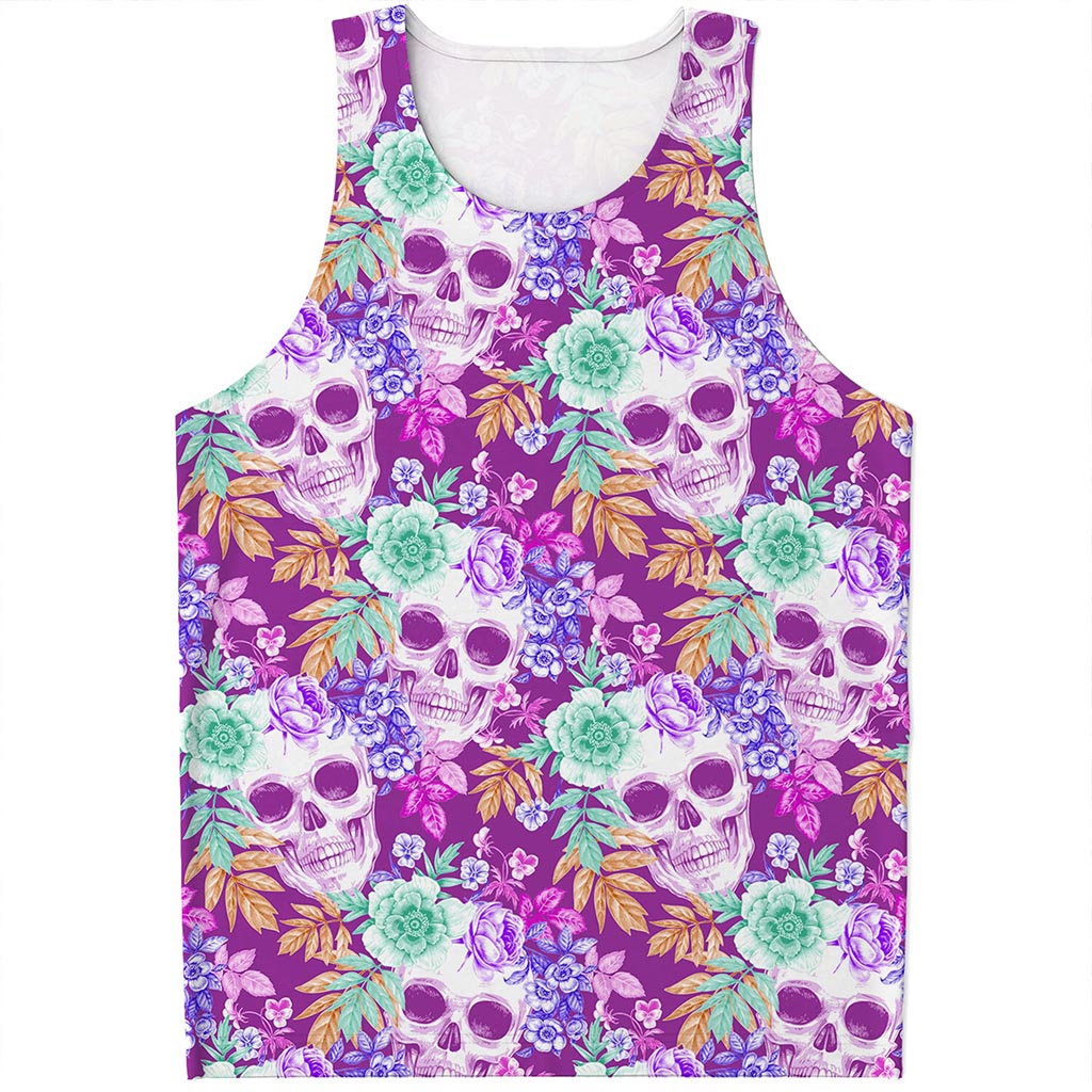 Neon Skull Floral Pattern Print Men's Tank Top
