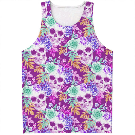 Neon Skull Floral Pattern Print Men's Tank Top
