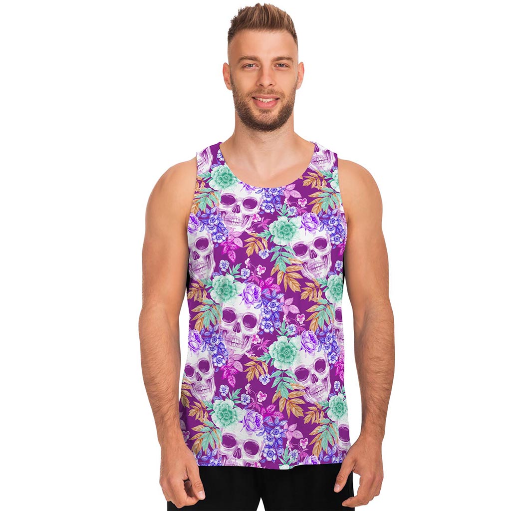 Neon Skull Floral Pattern Print Men's Tank Top