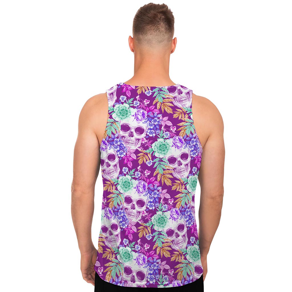 Neon Skull Floral Pattern Print Men's Tank Top