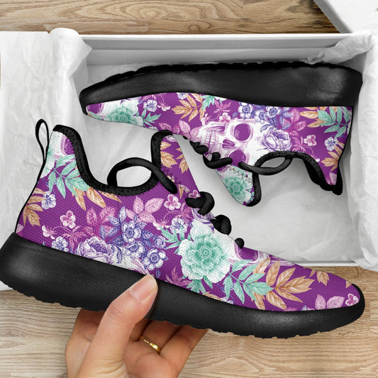 Neon Skull Floral Pattern Print Mesh Knit Shoes GearFrost