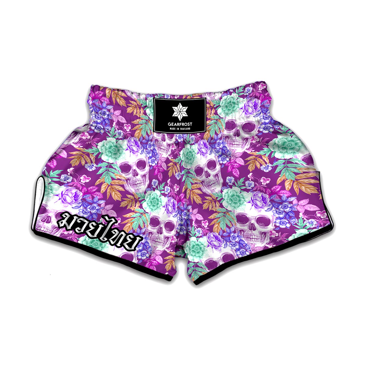 Neon Skull Floral Pattern Print Muay Thai Boxing Shorts