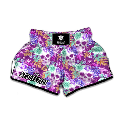 Neon Skull Floral Pattern Print Muay Thai Boxing Shorts