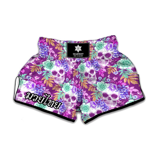 Neon Skull Floral Pattern Print Muay Thai Boxing Shorts