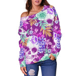 Neon Skull Floral Pattern Print Off Shoulder Sweatshirt GearFrost
