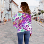 Neon Skull Floral Pattern Print Off Shoulder Sweatshirt GearFrost