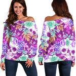Neon Skull Floral Pattern Print Off Shoulder Sweatshirt GearFrost