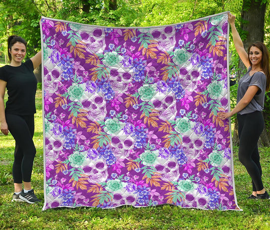 Neon Skull Floral Pattern Print Quilt