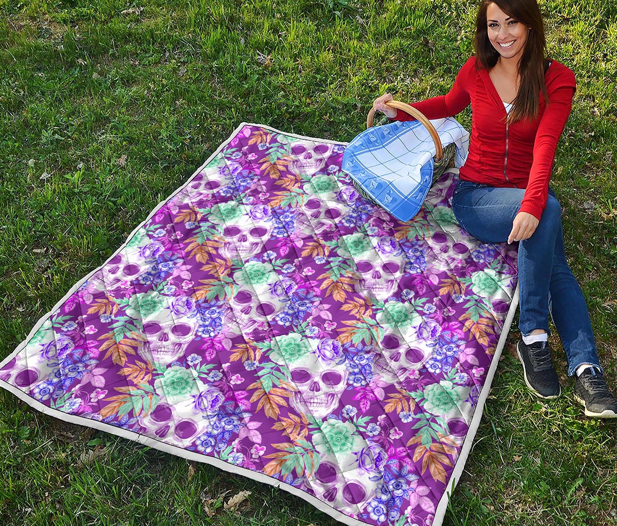 Neon Skull Floral Pattern Print Quilt