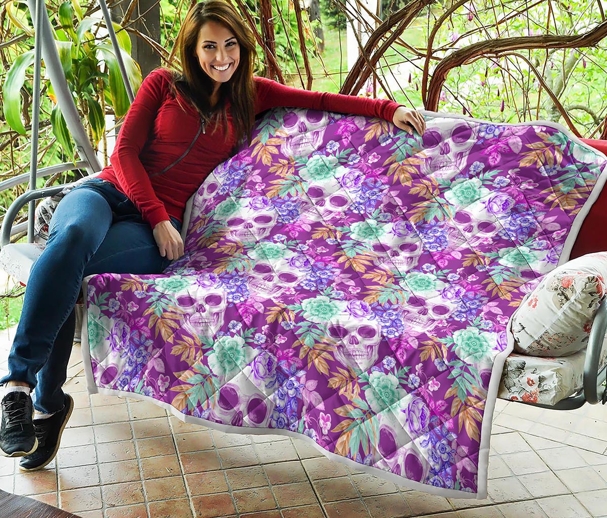 Neon Skull Floral Pattern Print Quilt