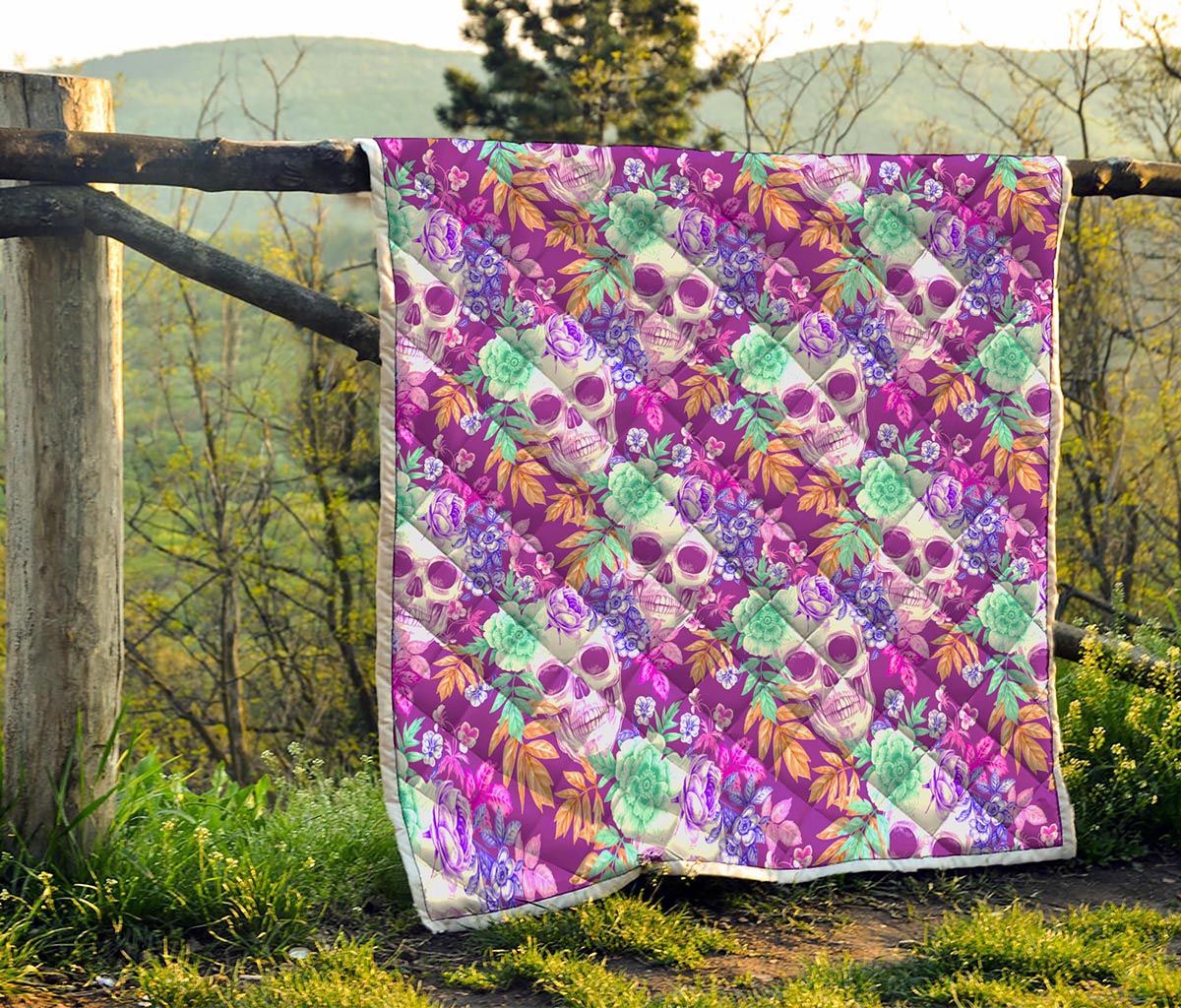 Neon Skull Floral Pattern Print Quilt
