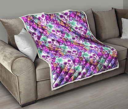 Neon Skull Floral Pattern Print Quilt