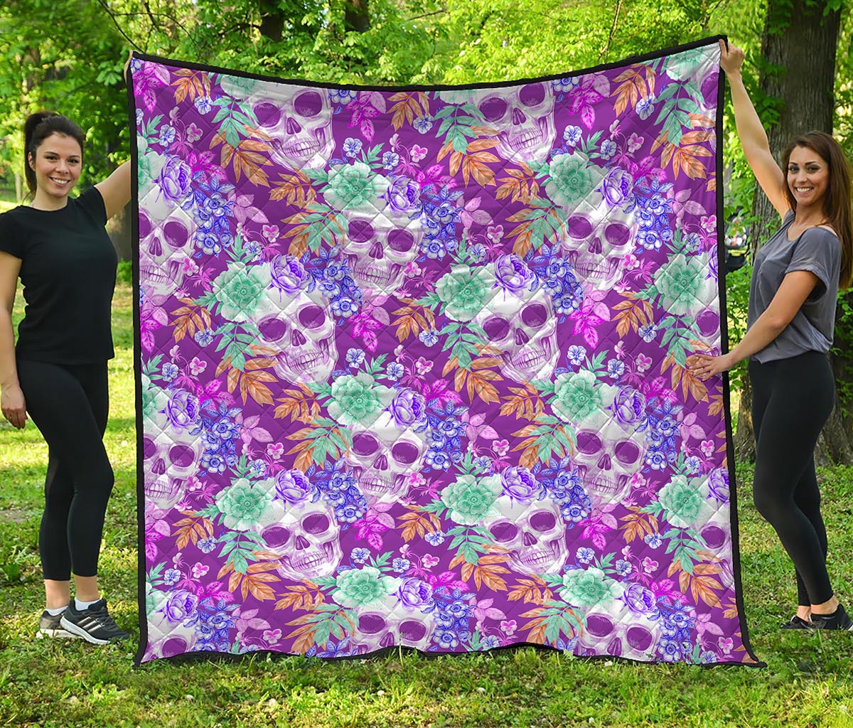 Neon Skull Floral Pattern Print Quilt
