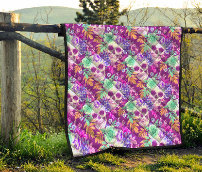 Neon Skull Floral Pattern Print Quilt