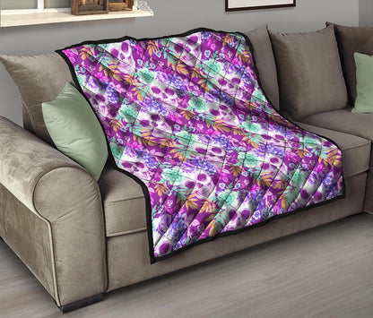 Neon Skull Floral Pattern Print Quilt