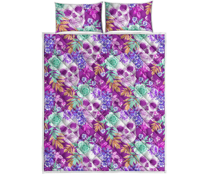 Neon Skull Floral Pattern Print Quilt Bed Set