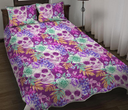 Neon Skull Floral Pattern Print Quilt Bed Set
