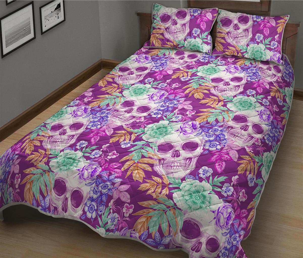 Neon Skull Floral Pattern Print Quilt Bed Set