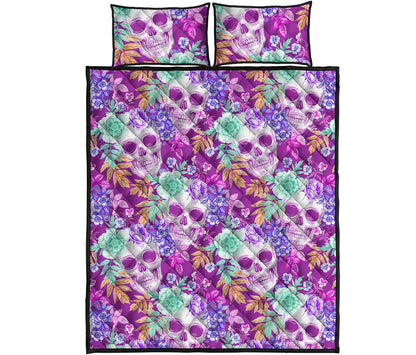 Neon Skull Floral Pattern Print Quilt Bed Set
