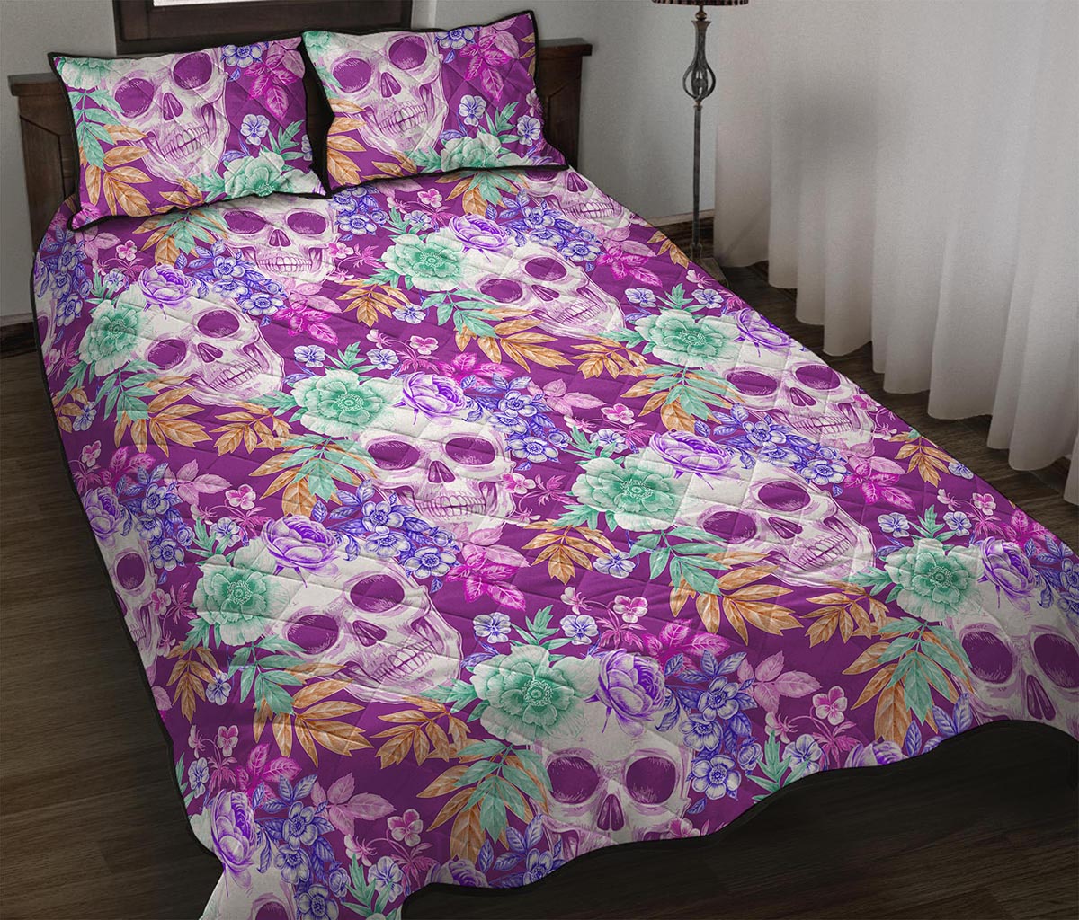 Neon Skull Floral Pattern Print Quilt Bed Set