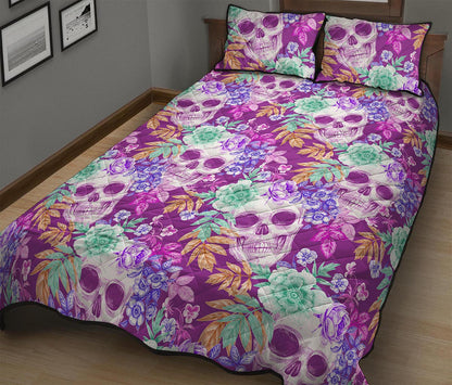Neon Skull Floral Pattern Print Quilt Bed Set