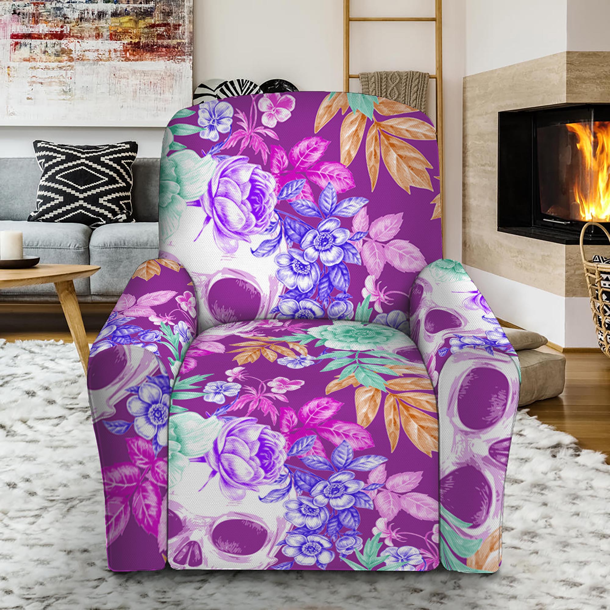 Neon Skull Floral Pattern Print Recliner Slipcover