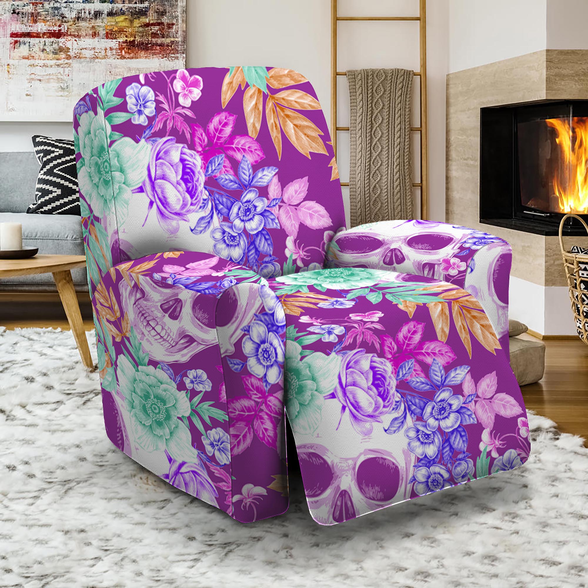 Neon Skull Floral Pattern Print Recliner Slipcover