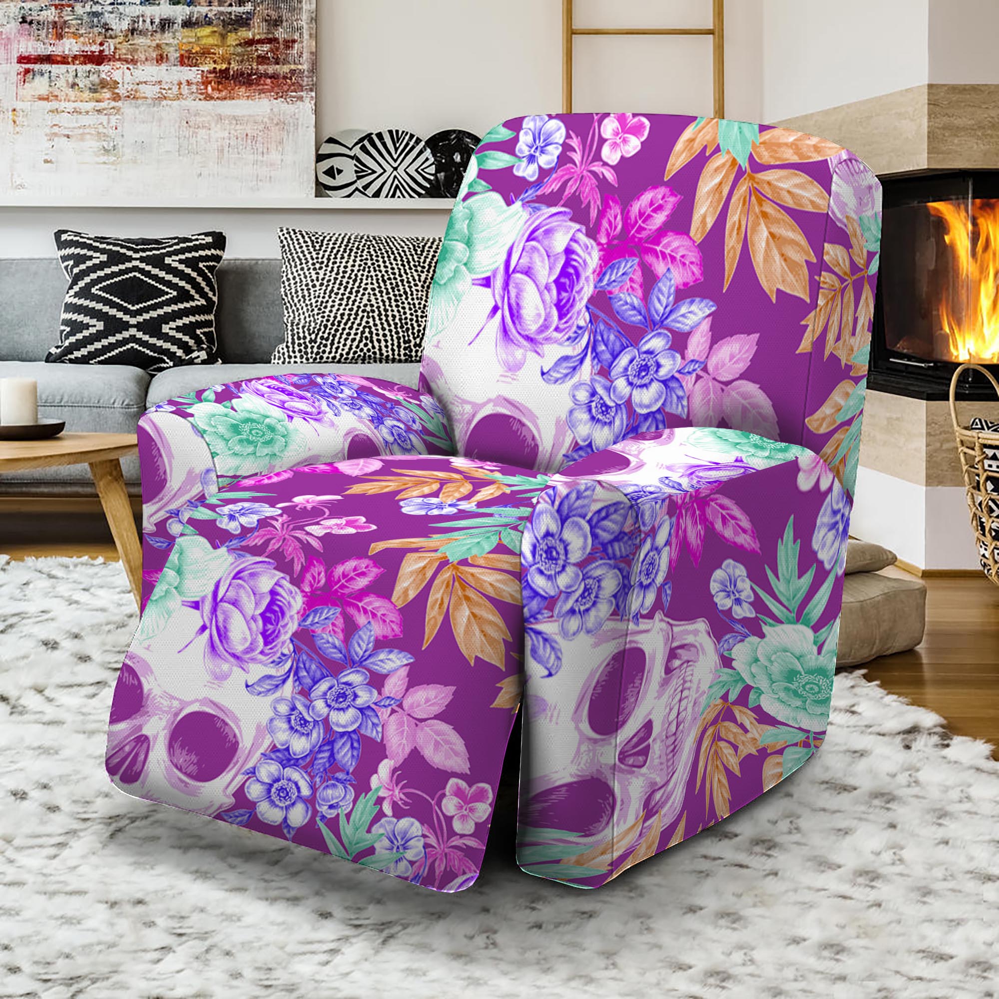 Neon Skull Floral Pattern Print Recliner Slipcover