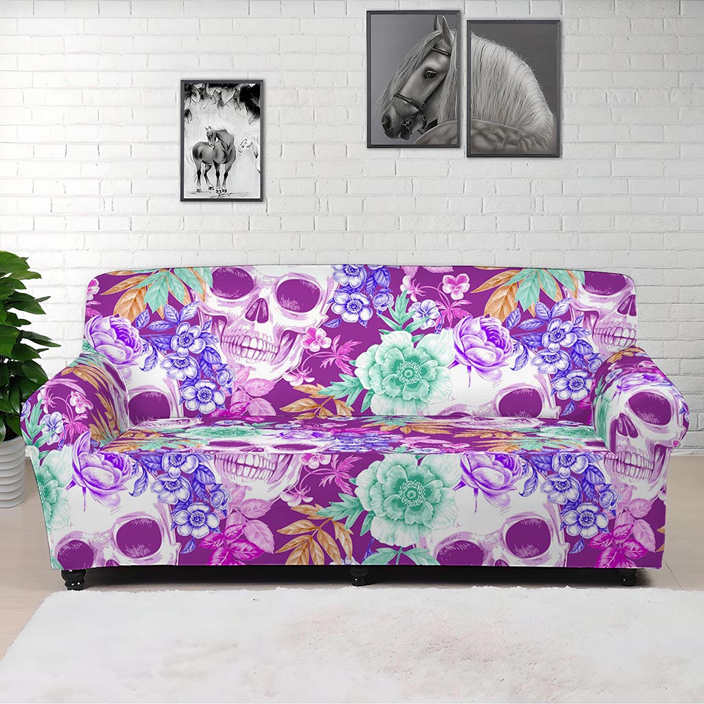 Neon Skull Floral Pattern Print Sofa Cover