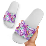 Neon Skull Floral Pattern Print White Slide Sandals