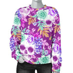 Neon Skull Floral Pattern Print Women's Crewneck Sweatshirt GearFrost
