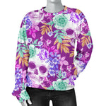 Neon Skull Floral Pattern Print Women's Crewneck Sweatshirt GearFrost