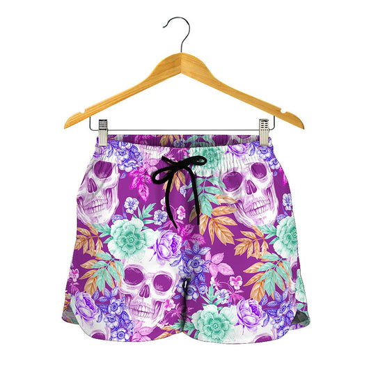 Neon Skull Floral Pattern Print Women's Shorts