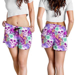 Neon Skull Floral Pattern Print Women's Shorts