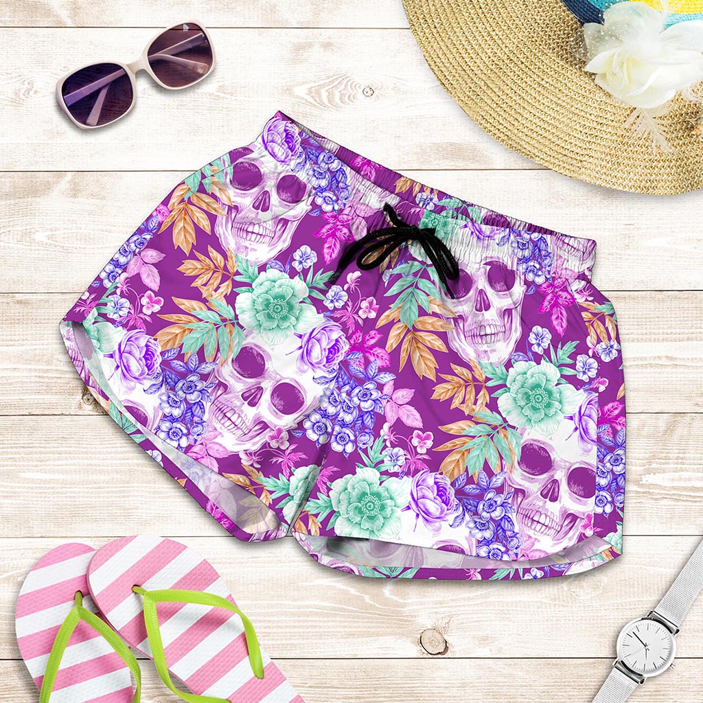 Neon Skull Floral Pattern Print Women's Shorts