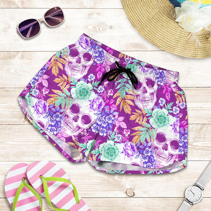 Neon Skull Floral Pattern Print Women's Shorts